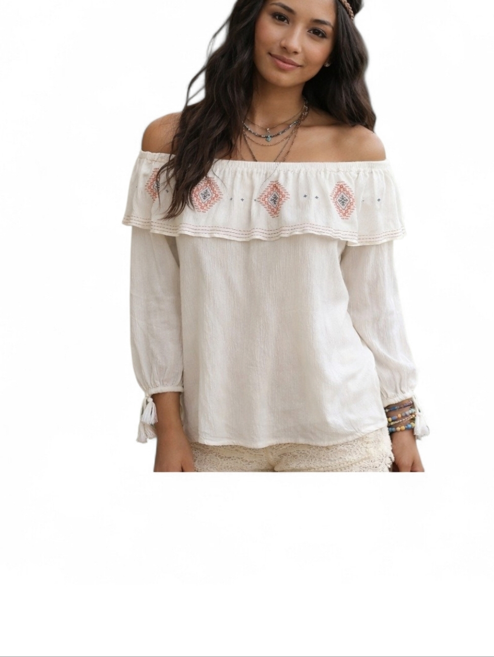 SOHO NY&Co White Off Shoulder Smocked Ruffle Boho Top Medium